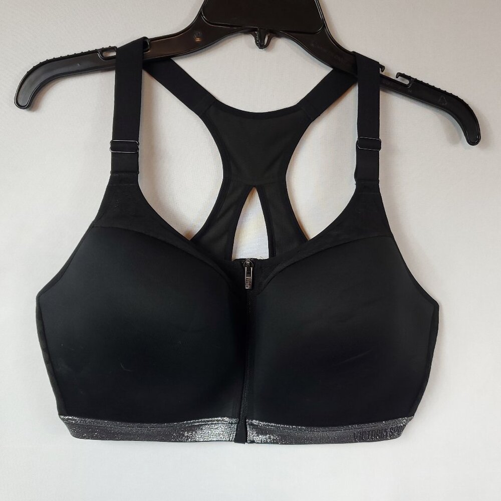 Victoria Sport Womens Black Silver Zip Front Sports Bra Sz 38DD